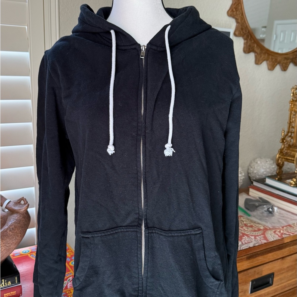 Black Zip-Up Hoodie with White Drawstrings